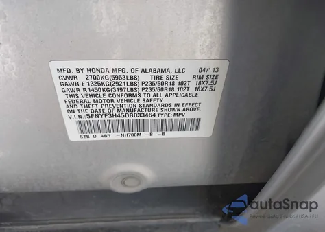 2013 Honda Pilot Ex из США, поврежденный, VIN 5FNYF3H45DB033464